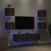 Muebles TV pared con LED 6 pzas madera ingeniería roble ahumado