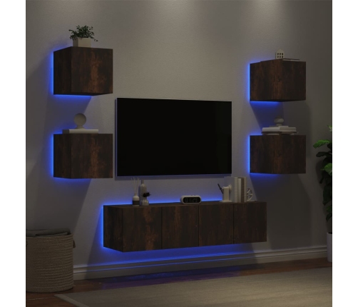 Muebles TV pared con LED 6 pzas madera ingeniería roble ahumado