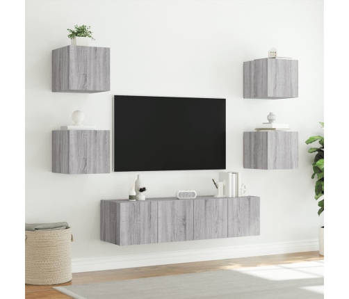 Muebles TV pared con LED 6 pzas madera ingeniería gris Sonoma