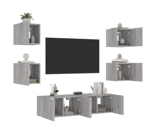 Muebles TV pared con LED 6 pzas madera ingeniería gris Sonoma