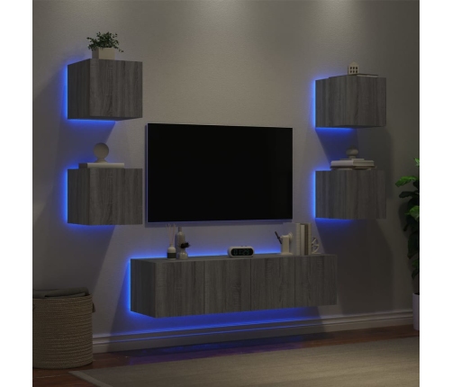 Muebles TV pared con LED 6 pzas madera ingeniería gris Sonoma