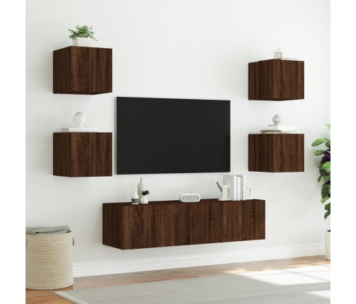 Muebles TV pared con LED 6 pzas madera ingeniería marrón roble