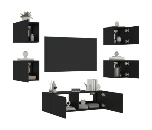 Muebles de TV de pared con luces LED 5 piezas negro