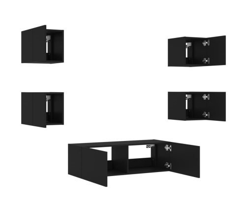 Muebles de TV de pared con luces LED 5 piezas negro