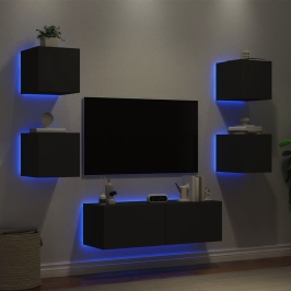 Muebles de TV de pared con luces LED 5 piezas negro