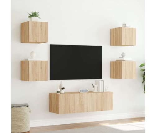 Muebles de TV de pared con luces LED 5 piezas roble Sonoma