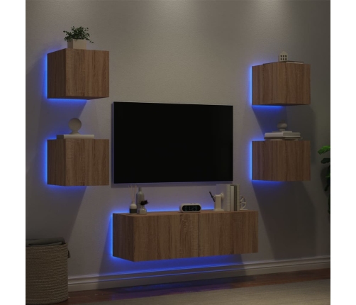 Muebles de TV de pared con luces LED 5 piezas roble Sonoma