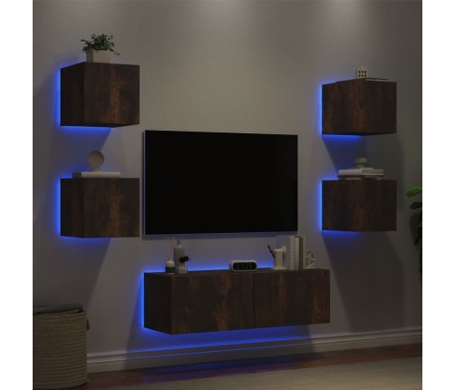 Muebles de TV de pared con luces LED 5 piezas roble ahumado