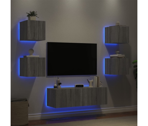 Muebles de TV de pared con luces LED 5 piezas gris Sonoma