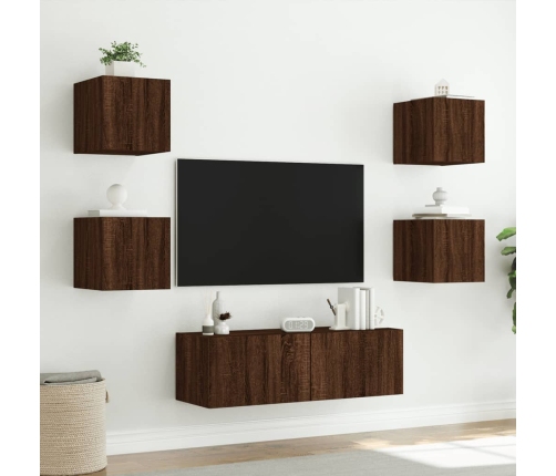 Muebles de TV de pared con luces LED 5 piezas marrón roble