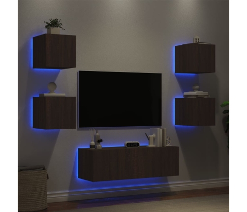 Muebles de TV de pared con luces LED 5 piezas marrón roble