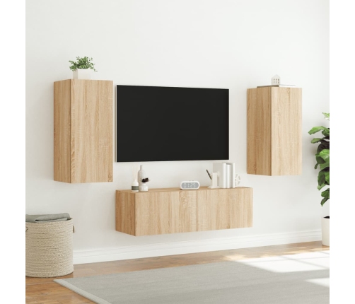 Muebles de TV de pared con luces LED 3 piezas roble Sonoma