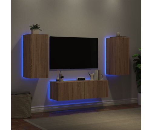 Muebles de TV de pared con luces LED 3 piezas roble Sonoma