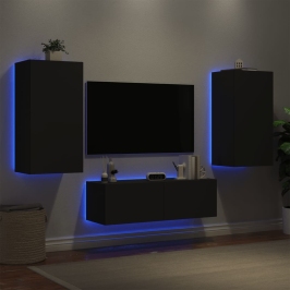 Muebles de TV de pared con luces LED 3 piezas negro