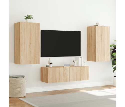 Muebles de TV de pared con luces LED 3 piezas roble Sonoma