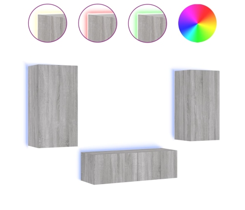 Muebles de TV de pared con luces LED 3 piezas gris Sonoma