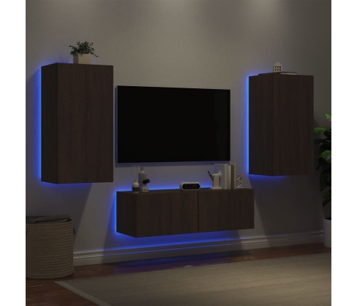 Muebles de TV de pared con luces LED 3 piezas marrón roble