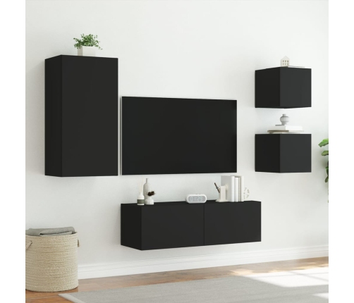 Muebles de TV de pared con luces LED 4 piezas negro