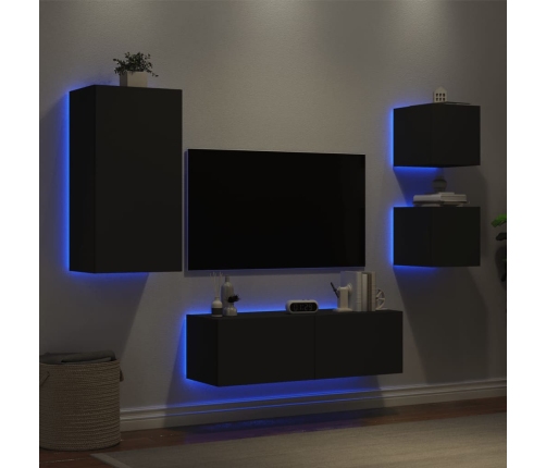 Muebles de TV de pared con luces LED 4 piezas negro