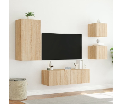 Muebles de TV de pared con luces LED 4 piezas roble Sonoma