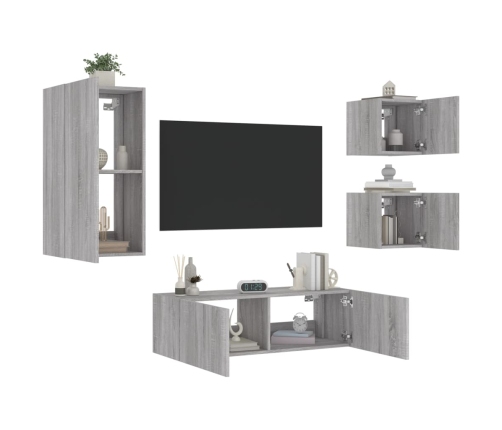 Muebles de TV de pared con luces LED 4 piezas gris Sonoma