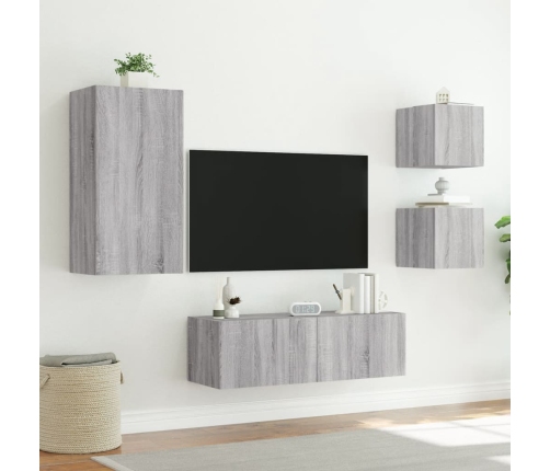 Muebles de TV de pared con luces LED 4 piezas gris Sonoma