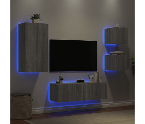 Muebles de TV de pared con luces LED 4 piezas gris Sonoma