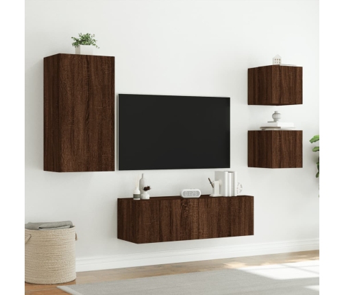 Muebles de TV de pared con luces LED 4 piezas marrón roble