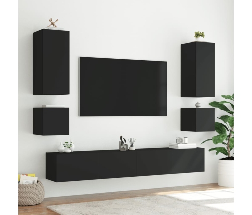 Muebles de TV de pared con luces LED 6 piezas negro