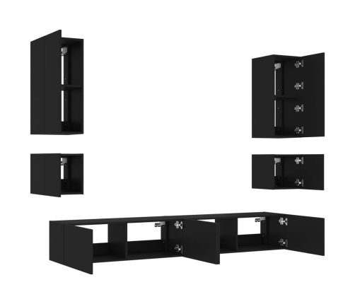 Muebles de TV de pared con luces LED 6 piezas negro