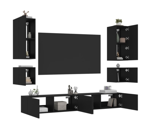 Muebles de TV de pared con luces LED 6 piezas negro