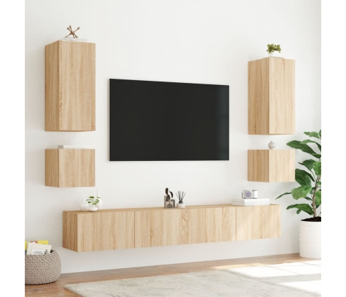 vidaXL Muebles de TV de pared con luces LED 6 piezas roble Sonoma