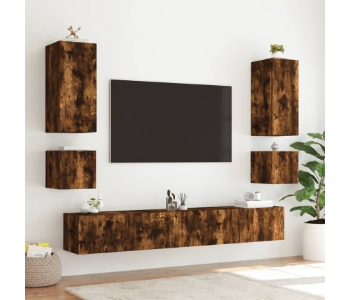 Muebles de TV de pared con luces LED 6 piezas roble ahumado