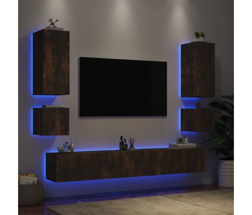 Muebles de TV de pared con luces LED 6 piezas roble ahumado