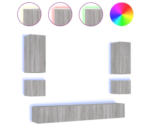 Muebles de TV de pared con luces LED 6 piezas gris Sonoma