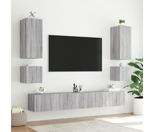 Muebles de TV de pared con luces LED 6 piezas gris Sonoma