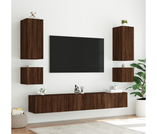 Muebles de TV de pared con luces LED 6 piezas marrón roble