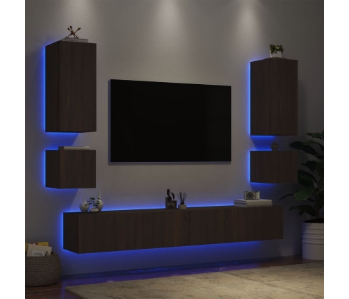 Muebles de TV de pared con luces LED 6 piezas marrón roble