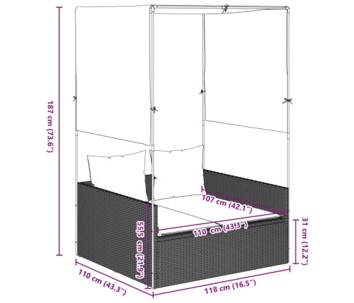 vidaXL Tumbona doble con techo y cortinas ratán sintético gris claro