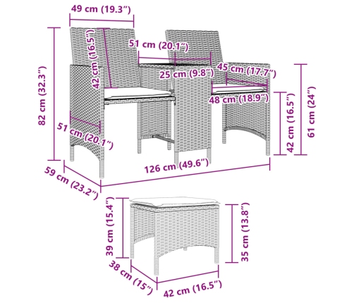 Sofá de jardín 2 plazas con mesa y taburetes ratán PE beige