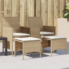 Sofá de jardín 2 plazas con mesa y taburetes ratán PE beige