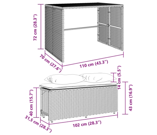 Set comedor de jardín 3 pzas con cojines ratán sintético beige