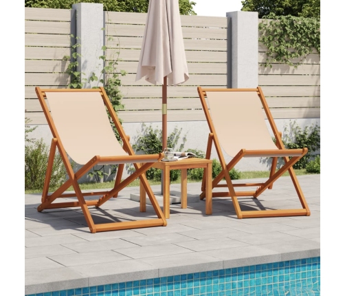 Silla de playa plegable madera maciza de eucalipto y tela beige