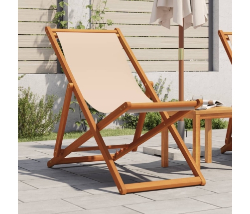 Silla de playa plegable madera maciza de eucalipto y tela beige