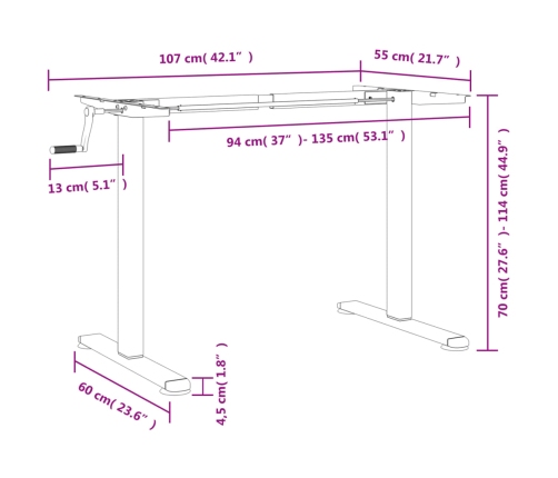 Marco de escritorio de pie acero blanco (94-135)x60x(70-114) cm