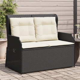 Sillón reclinable de jardín con cojines ratán sintético negro