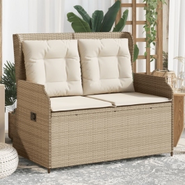 Sillón reclinable de jardín con cojines ratán sintético beige