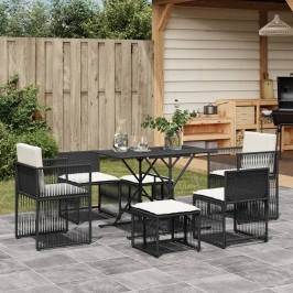 Set de comedor de jardín 7 pzas y cojines ratán sintético negro