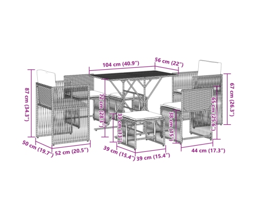 Set comedor de jardín 7 pzas con cojines ratán sintético marrón