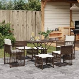 Set comedor de jardín 7 pzas con cojines ratán sintético marrón